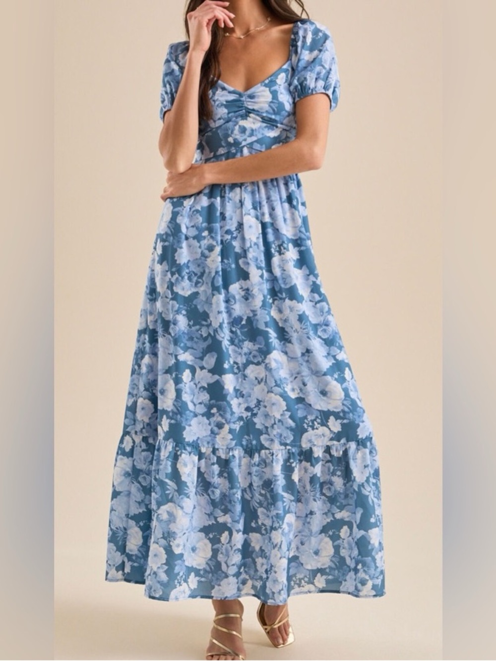 Altar'd State Blue Floral Puff-Sleeve Maxi Dress